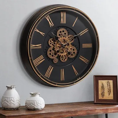 Zdjęcie produktu dla Duży przemysłowy zegar w stylu steampunkowym z ruchomymi kołami zębatymi, zegar ścienny w stylu retro o średnicy 20 cali / 50 cm do dekoracji salonu, zegar ścienny w stylu vintage w kolorze brązowo-złotym do mieszkania w stylu rustykalnym