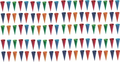 A repeating pattern of colorful cones on a white background.