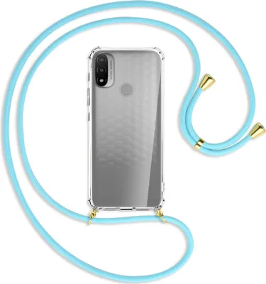Produktbild von Handykette Backcover-Schutzhülle mit Band (Metall goldfarben) für Motorola Moto E20 (XT2155) - himmelblau