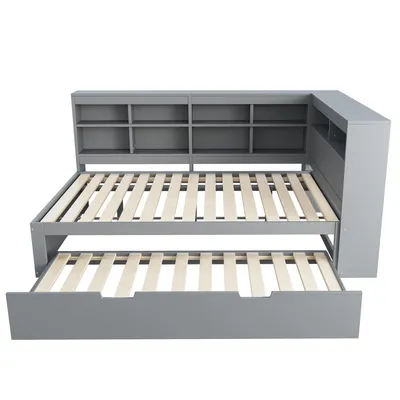 Produktbild von Merax Schlafsofa 140x200cm mit Ausziehbett 90x190cm, Tagesbett mit USB und Ablagefach, Kinderbett mit Lattenrost, Doppelbett Daybett Jugendbett, Grau