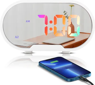 Obrázek produktu pro Digitální budík LED, 5,5" displej, zrcadlový povrch, elektrický budík na líčení s režimem stmívání, nastavitelná hlasitost budíku, dva porty USB, hlasitý budík pro domácí použití, do ložnice, jako dekorace