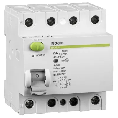 Obrázok produktu pre Noark Ex9L-N 4P B16A 30mA – 4-pólový prúdový chránič s ističom (RCBO), typ AC, Icn 6kA