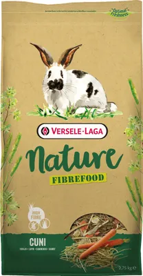A bag of rabbit food with an illustration of a rabbit on it.