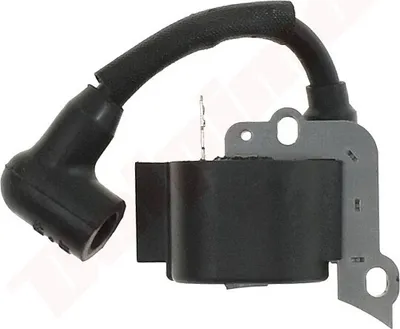 A close-up studio shot of a black ignition coil with a black wire and boot, mounted on a gray metal bracket.