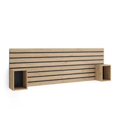 A product shot of a headboard with attached nightstands against a white background.