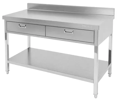 Zdjęcie produktu dla Kuchenny stół ze stali nierdzewnej przyścienny gastro do krojenia z 2 szufladami i półką Mega-M X 120x70x85cm