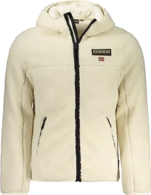 A cream-colored fleece jacket with a black zipper and hood.