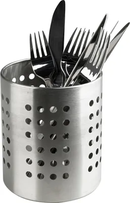 A stainless steel utensil holder filled with forks and a knife.