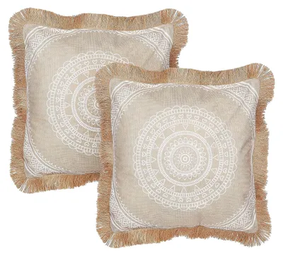 Produktbild von Dekokissen-Set in Beige und Weiß, 45 x 45 cm, mit Fransen und Boho-Muster