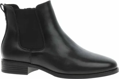 A studio shot of a black leather boot.