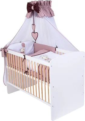 Produktbild von KMbaby Babybett K2 gelb-weiss 120x60 mit 10tlg Bettwäsche Set Matratze Gitterbett Teddybär mit Ballon braun