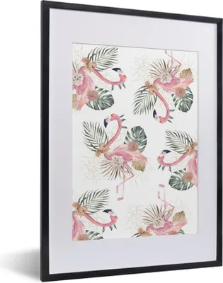Produktbild von MuchoWow® MuchoWow® Gerahmtes Poster Muster - Blumen - Flamingo 30x40 cm - Poster mit zchwarzem Bilderrahmen - Wandposter Schlafzimmer