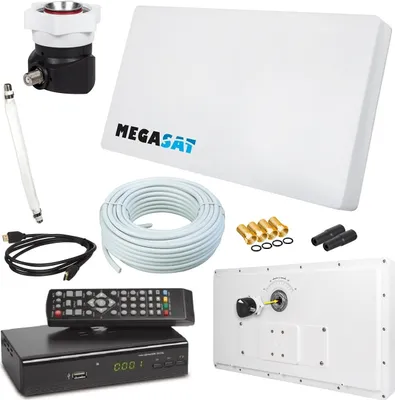 Produktbild von Megasat Flachantenne PROFI Line H30 D1 Single inkl. Fensterhalterung + HD Sat Receiver + 10m Kabel + 1x Fensterdurchführung. Neueste Generation mit besten Empfangswerten für HD und SD TV (einfache und stabile Montage)