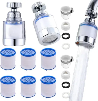 Produktbild von 2 Stück Wasser-Kalkfilter - 360 Grad drehbare Wasserhahn - mit 6 Filterelementen aus PP-Baumwolle - für Waschbecken Küche und Badezimmer.