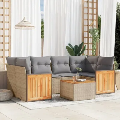 Produktbild von Design 7-tlg. Garten-Sofagarnitur mit Kissen Beige Poly Rattan, Gartenmöbel-Sets 2024 Neu