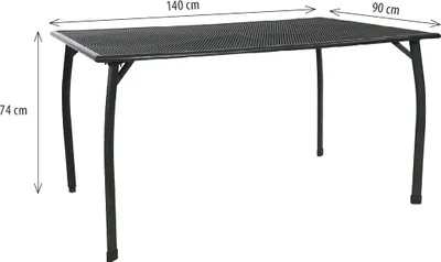 A black metal dining table with dimensions indicated.