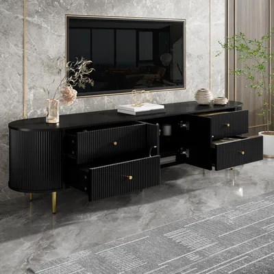 Produktbild von STILVORA TV-Schrank mit dreidimensionaler Wellenstruktur, TV Lowboard mit Kabeldurchlass und festem Einlegeboden, Fernsehschrank mit Aluminiumgriffen und Eisenfüßen