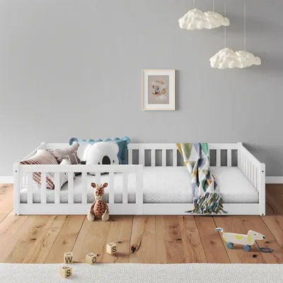 Produktbild von Bodenbett GUSTAVO mit Rausfallschutz Kiefer Massiv – Weiß 90 x 190 cm Bodenbett mit Rausfallschutz Montessori-Kinderbett