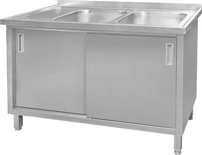 Zdjęcie produktu dla Gastronomiczny zlewozmywak ze stali nierdzewnej dwukomorowy przyścienny spawany z szafką Mega-M 140x70x85 cm