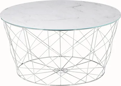 Produktbild von SalesFever Couchtisch mit Metallkorb Ø 80 cm | Glasplatte foliert in Marmor-Optik | Gestell Metall | B 80 x T 80 x H 45 cm | weiß-chrom