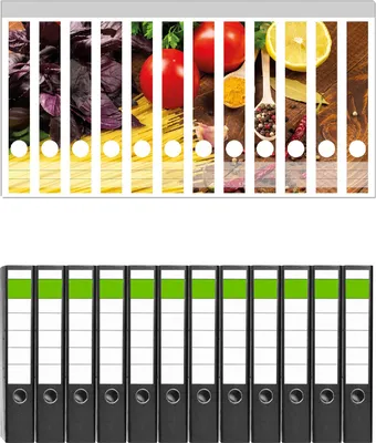 Produktbild von Wallario 12 Stück schmale Ordner inkl. Klebeetiketten mit Motive Italienisches Menü mit Spaghetti, Tomaten, Basilikum und Gewürzen -  Set mit Rückenschildern / Ordnerrücken Stickern