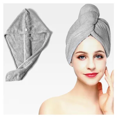 Produktbild von Mikrofaser Haarturban Handtuch mit Knopf Schnelltrocknend für Alle Haartypen Grau