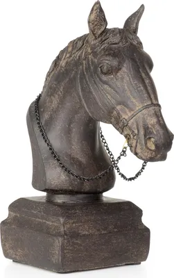 A dark brown polyresin sculpture of a horse's head on a dark brown base, with a black chain around its neck.