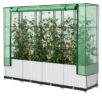 Produktbild von Hochbeet mit Gewächshausabdeckung in Rattanoptik 160x40x138cm