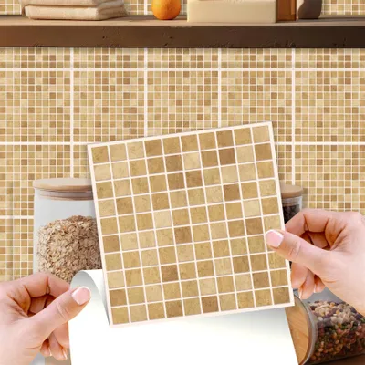 Produktbild von WALPLUS 24 PCS Klebefolie für Badezimmerfliesen 15x15cm f Boticcino Marmor Mosaik selbstklebende Wandfliesen Badezimmer abnehmbare Küchenfliesen Wand selbstklebende Innenraumaufkleber