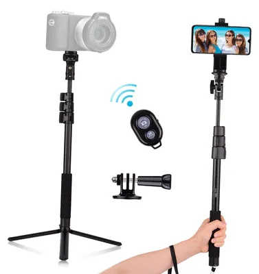 Zdjęcie produktu dla 54-calowy, wysuwany statyw do selfie ze stopu aluminium z odłączanym uchwytem na telefon, uchwytem na aparat sportowy, adapterem do zdalnego wyzwalania, kompatybilny z telefonami iPhone i Android, do grupowych zdjęć selfie i wideo na żywo