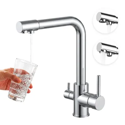 Produktbild von AjieQAQ 3-Wege Küchenarmatur Chrom mit Schwenkauslauf – Wasserhahn mit Filteranschluss für gefiltertes Wasser