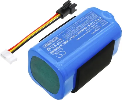 A blue battery pack with a black holder and a white connector with red, yellow, and black wires.