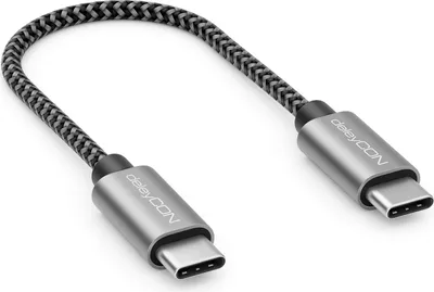 A short USB-C to USB-C cable with braided cord and metal connectors.