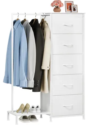 Produktbild von Kommode mit 5 Schubladen und Kleiderstange, Stoffschrank, Weiß, 79 x 114,5 cm