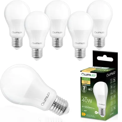 Obrázok produktu pre LED žiarovka LUMILED E27 A60 5 W, náhrada za 40 W, 550 lm, 3000 K, teplá biela, 230 V, uhol vyžarovania 260°, bez možnosti stmievania, 6 ks, interiérové osvetlenie, úsporná žiarovka, kvapkovitý tvar, úsporná žiarovka, balenie po 6 ks