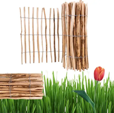 A product image showing wooden fencing and a tulip in grass.