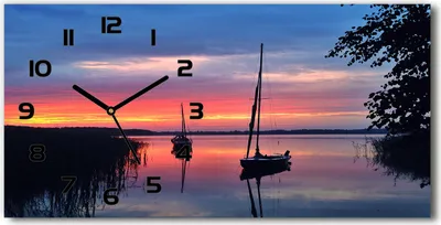 Produktbild von Wanduhr aus Glas – 60x30 cm - Glasbild - Glasuhr - Gehärtetes Glas - schwarze-zeiger - Segelboote bei Sonnenuntergang