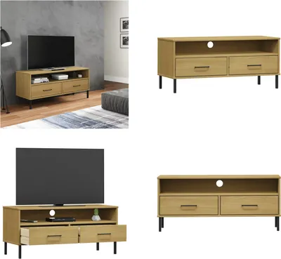 Produktbild von vidaXL TV Schrank OSLO mit Metallbeinen Braun Massivholz Kiefer - TV-Schrank - TV-Schränke - TV-Möbel - TV-Ständer