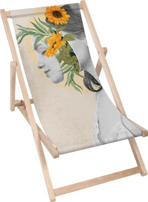 Immagine prodotto di Sdraio Dreamroots pieghevole in legno, fino a 130 kg, sdraio pieghevole con regolazione dell'inclinazione dello schienale in 3 fasi, Donna con testa in fiore