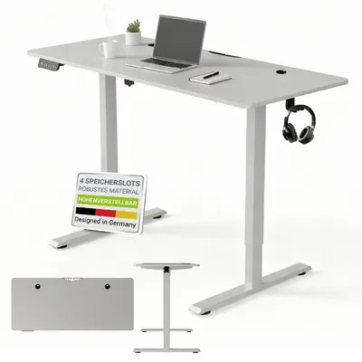 A white adjustable standing desk with a laptop, mug, and headphones on it. There are also separate images of desk components and a sign with German text.