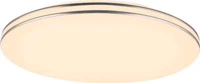 A close-up, studio shot of a white, round ceiling light with a metallic trim.