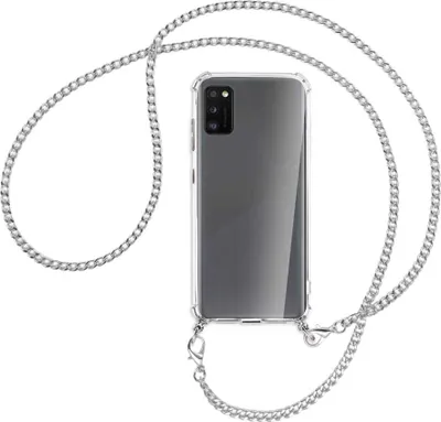 Produktbild von Handykette Backcover-Schutzhülle mit Band (Metall silberfarben) für Samsung Galaxy A41 (A415) - silberfarbene Kette
