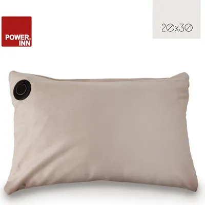 A beige rectangular cushion with a black circular port on the left side, presented on a white background. A red square logo with white text 'POWER INN' is in the top left corner, and a white square with black text '20x30' is in the top right corner.