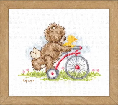 Produktbild von Auslaufmodell Vervaco Kreuzstich Stickpackung "Popckorn auf dem Fahrrad", Zählmuster, 19x14cm