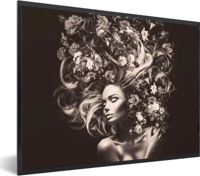 Produktbild von MuchoWow® Gerahmtes Poster Blumen - Frau - Natur 80x60 cm - Poster mit Schwarzem Bilderrahmen Wandposter Rahmen Foto Bilder - Schwarzem - Mit Gestell