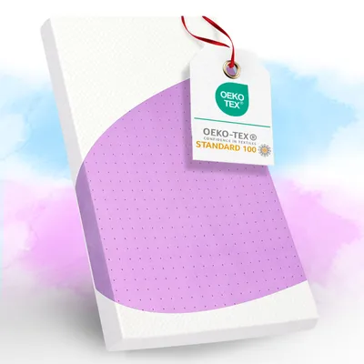 A product shot of a mattress topper with a certification tag.