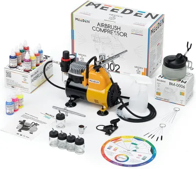 Productafbeelding van Airbrush set met stille compressor - 3 dubbelwerkende spuitpistolen - 24 kleuren verf voor modelbouw