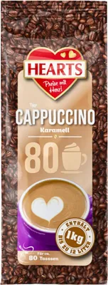 A bag of cappuccino coffee beans with product information and imagery.