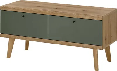 A lowboard with two drawers and wooden legs, presented on a white background.