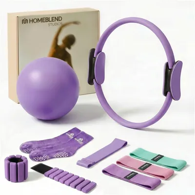 Produktbild von Homeblend Pilates Set 9-teilig – Lila – Pilates Ring, Pilates Ball, Widerstandsbänder, Hand- & Fußgelenkgewichte, Anti-Rutsch-Socken – Fitness Set für Home Workout & Core Training